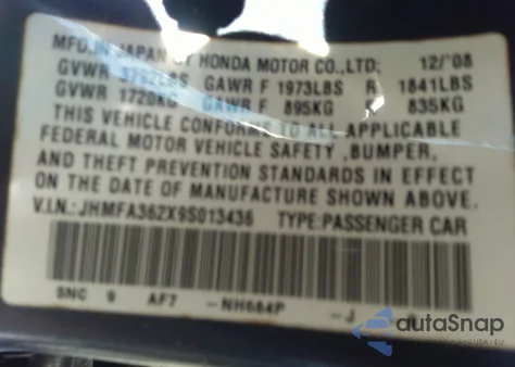 2009 Honda Civic Hybrid from USA, damaged, VIN JHMFA362X9S013436